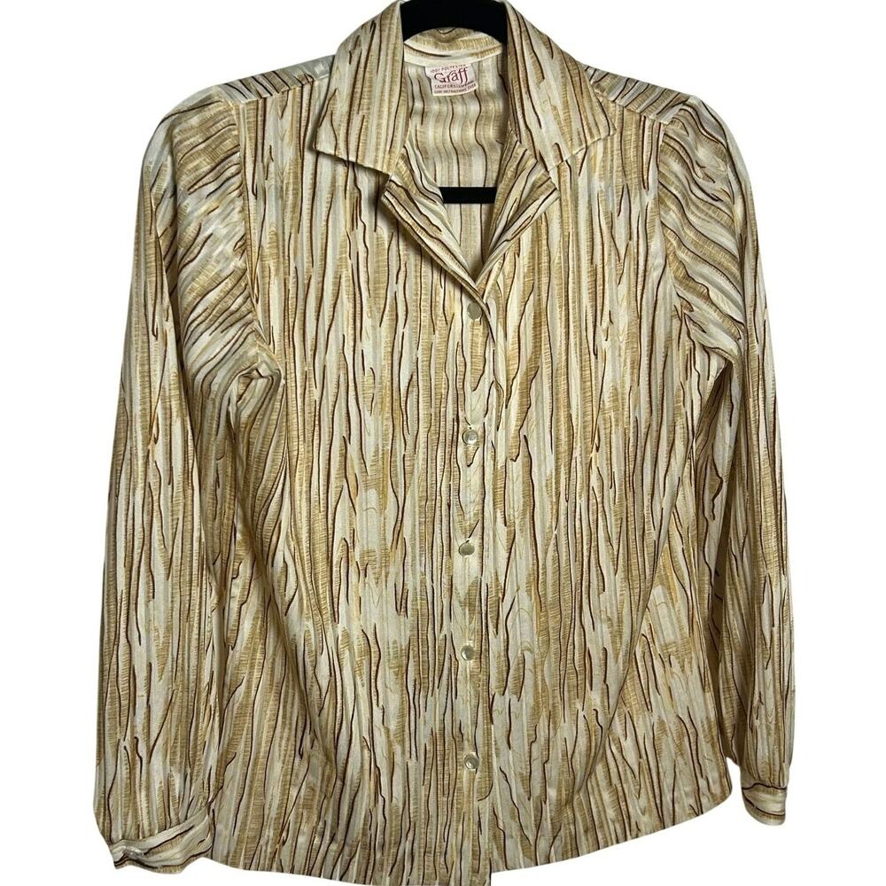 VTG 70s Graff Californiawear Faux Bois Wood Grain Blouse Dagger Collar S/M Disco